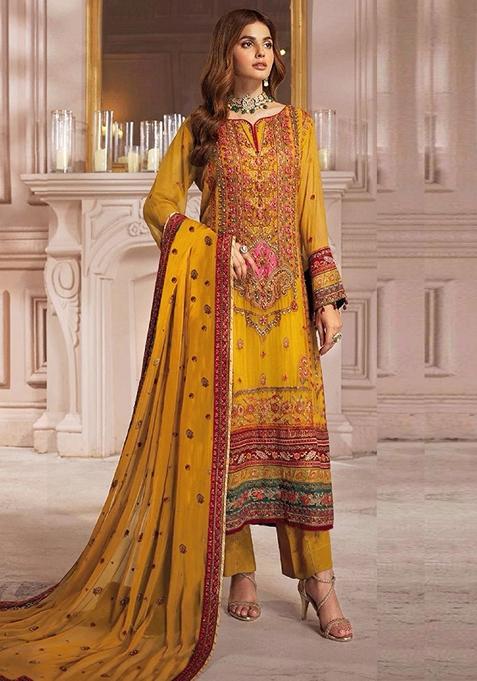 Yellow Embroidered Georgette Kurta Set