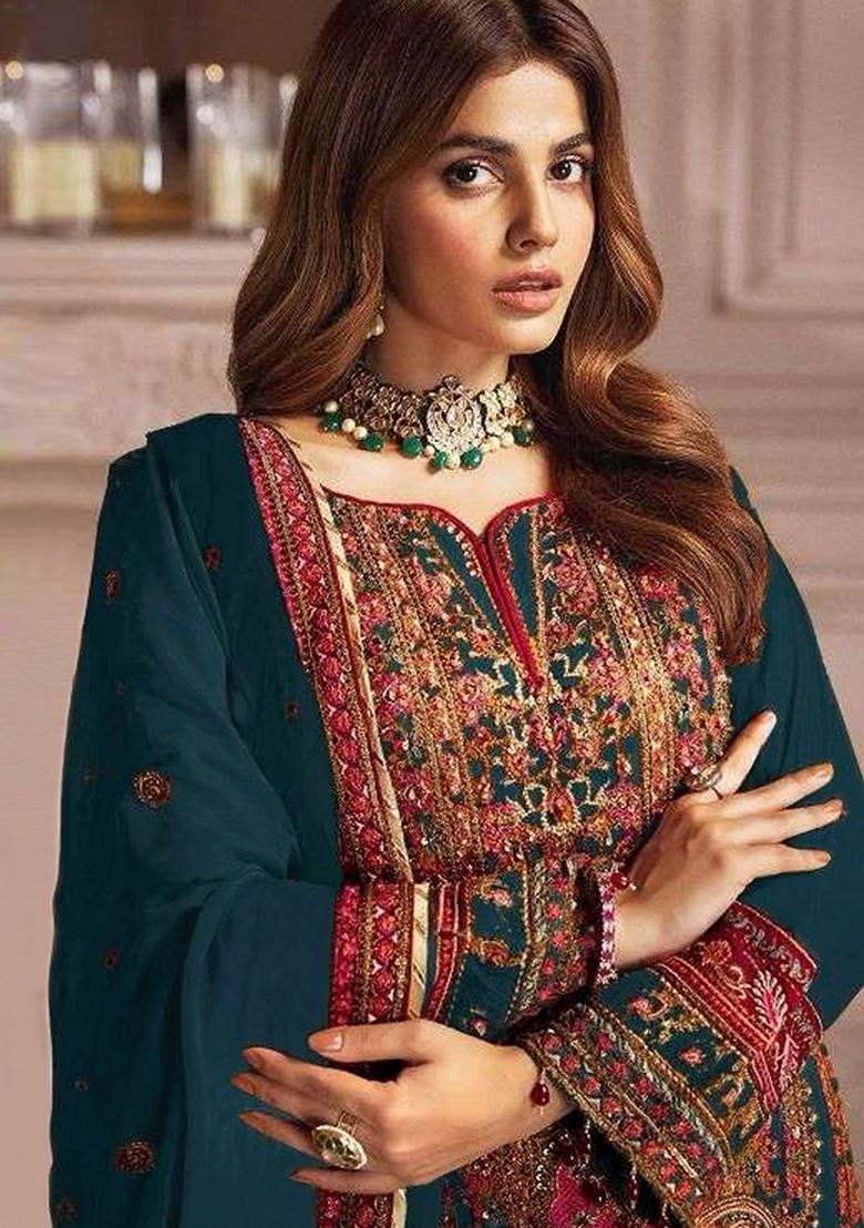 Blue Embroidered Georgette Kurta Set