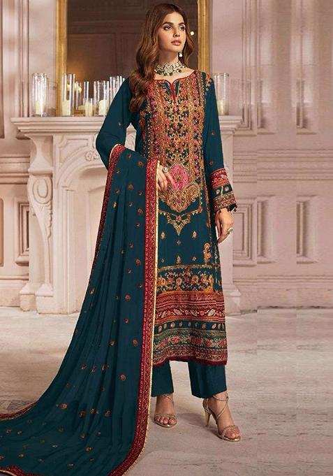 Blue Embroidered Georgette Kurta Set