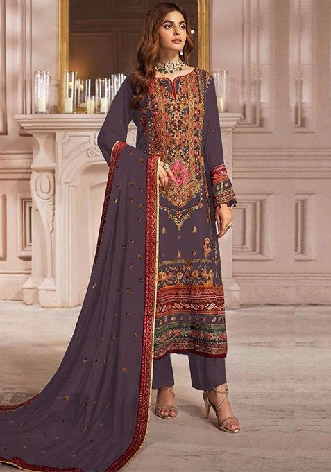 Wine Embroidered Georgette Kurta Set