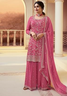 Pink Embroidered Chinon Sharara Set
