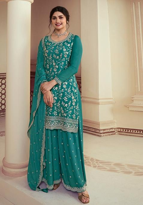 Turquoise Embroidered Chinon Kurta Set