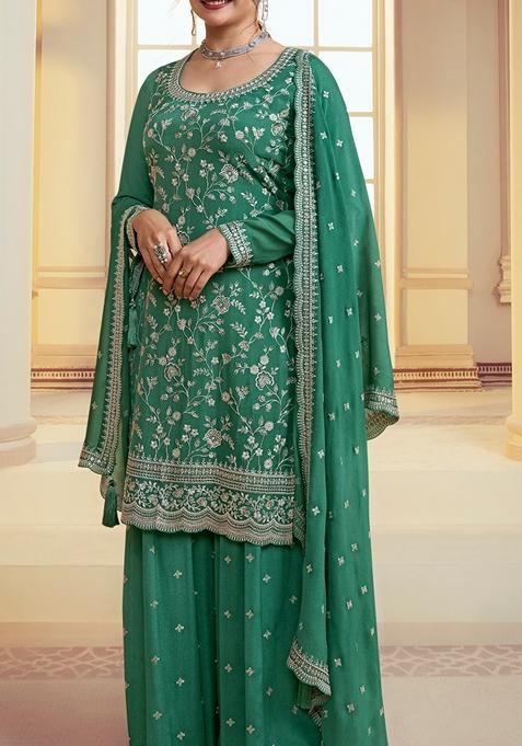 Green Embroidered Chinon Kurta Set