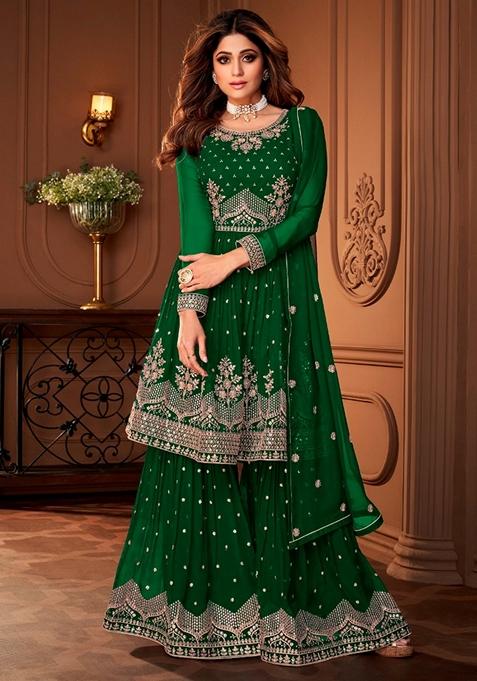 Green Embroidered Georgette Kurta Set