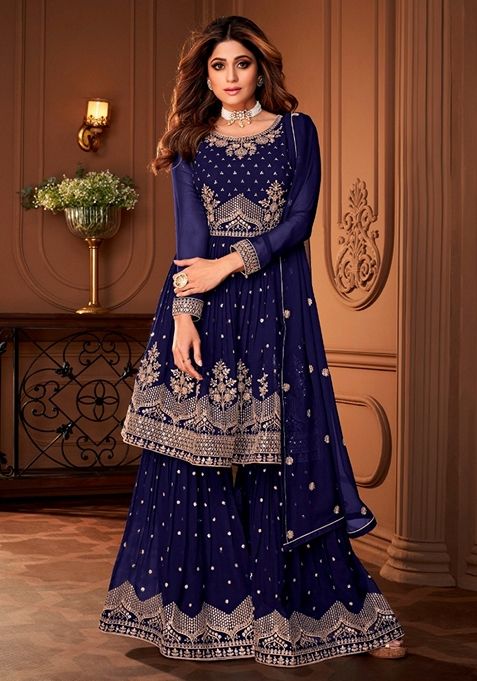 Blue Embroidered Georgette Kurta Set