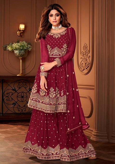 Maroon Embroidered Georgette Kurta Set