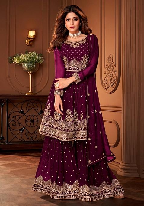 Purple Embroidered Georgette Kurta Set