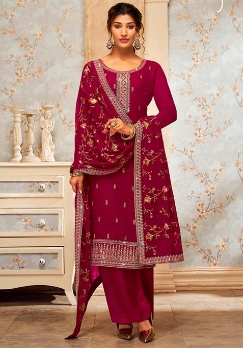 Red Embroidered Georgette Kurta Set