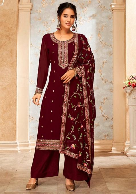 Maroon Embroidered Georgette Kurta Set