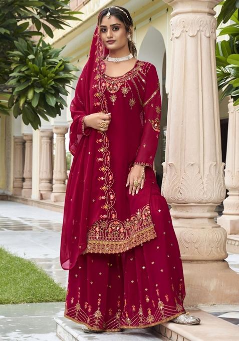 Maroon Embroidered Georgette Kurta Set