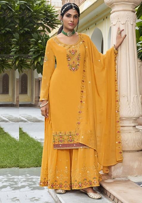 Yellow Embroidered Georgette Kurta Set