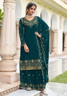 Teal Embroidered Georgette Kurta Set