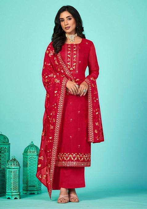 Red Embroidered Organza Kurta Set