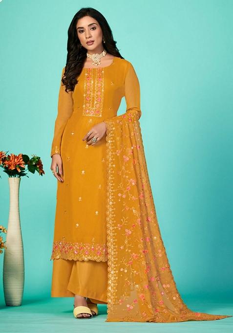 Yellow Embroidered Organza Kurta Set