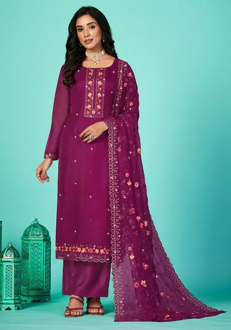 Wine Embroidered Organza Kurta Set