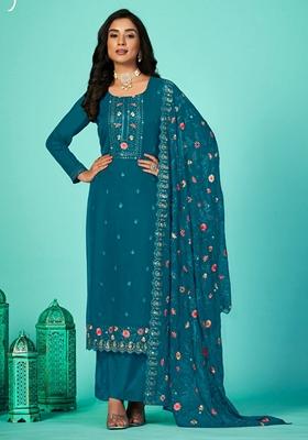 Teal Embroidered Organza Kurta Set