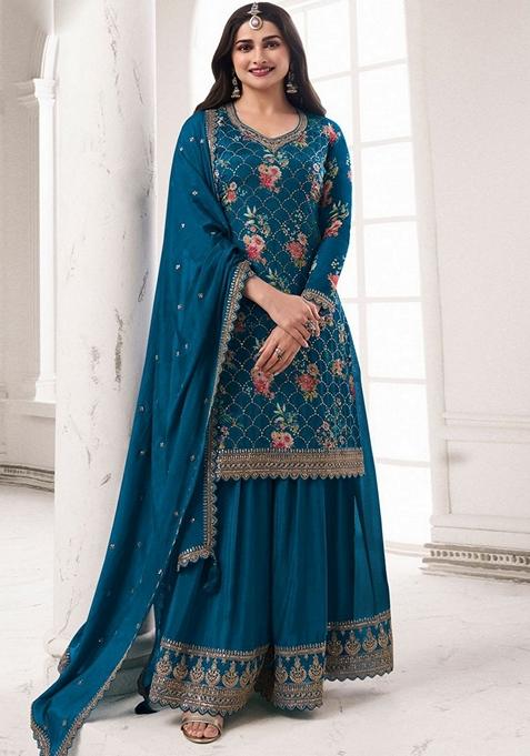 Aqua Blue Embroidered Chinon Kurta Set