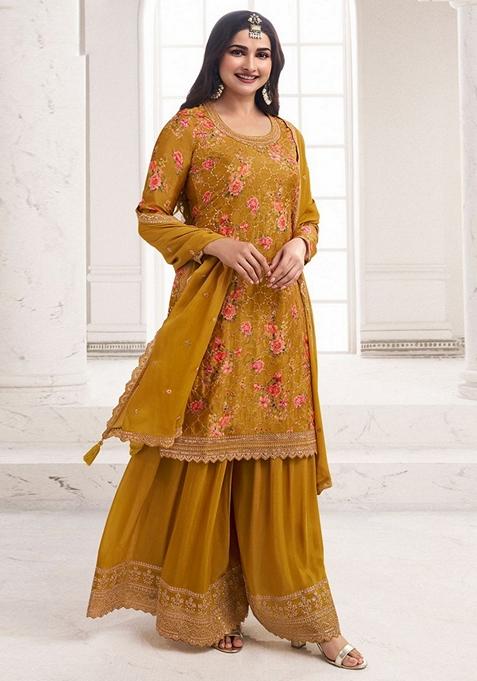 Mustard Embroidered Chinon Kurta Set