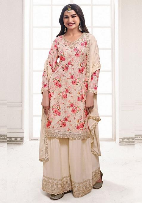 Off White Embroidered Chinon Kurta Set