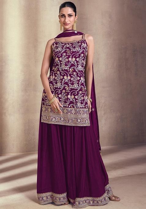 Wine Embroidered Georgette Kurta Set