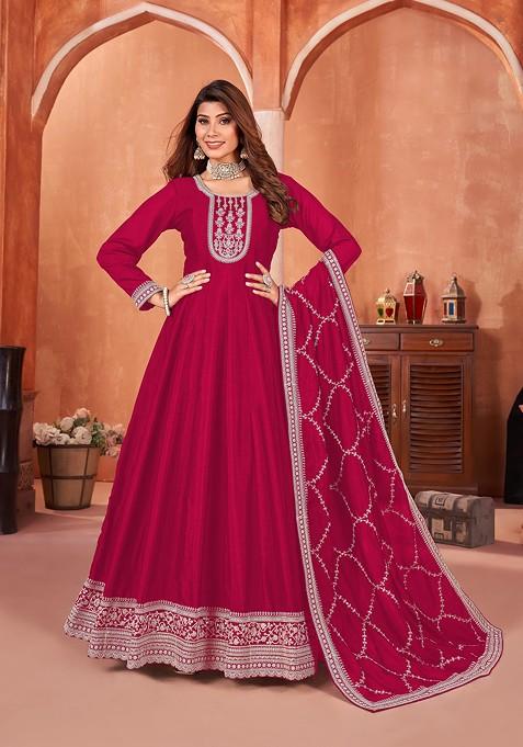 Pink Embroidered Art Silk Anarkali Kurta Set