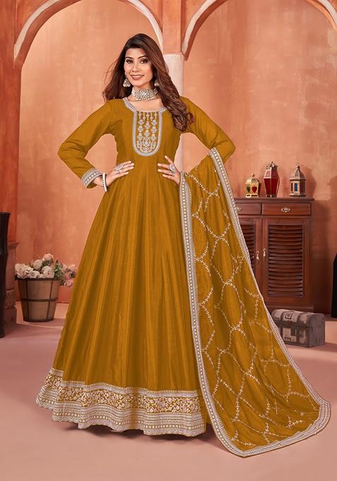 Mustard Embroidered Art Silk Anarkali Kurta Set