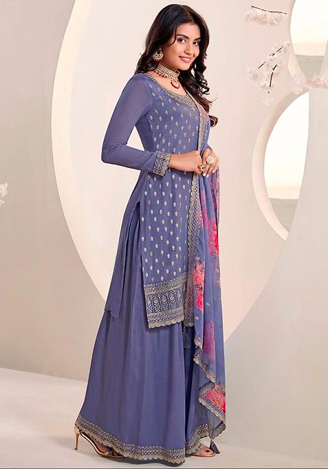 Blue Embroidered Chinon Kurta Set