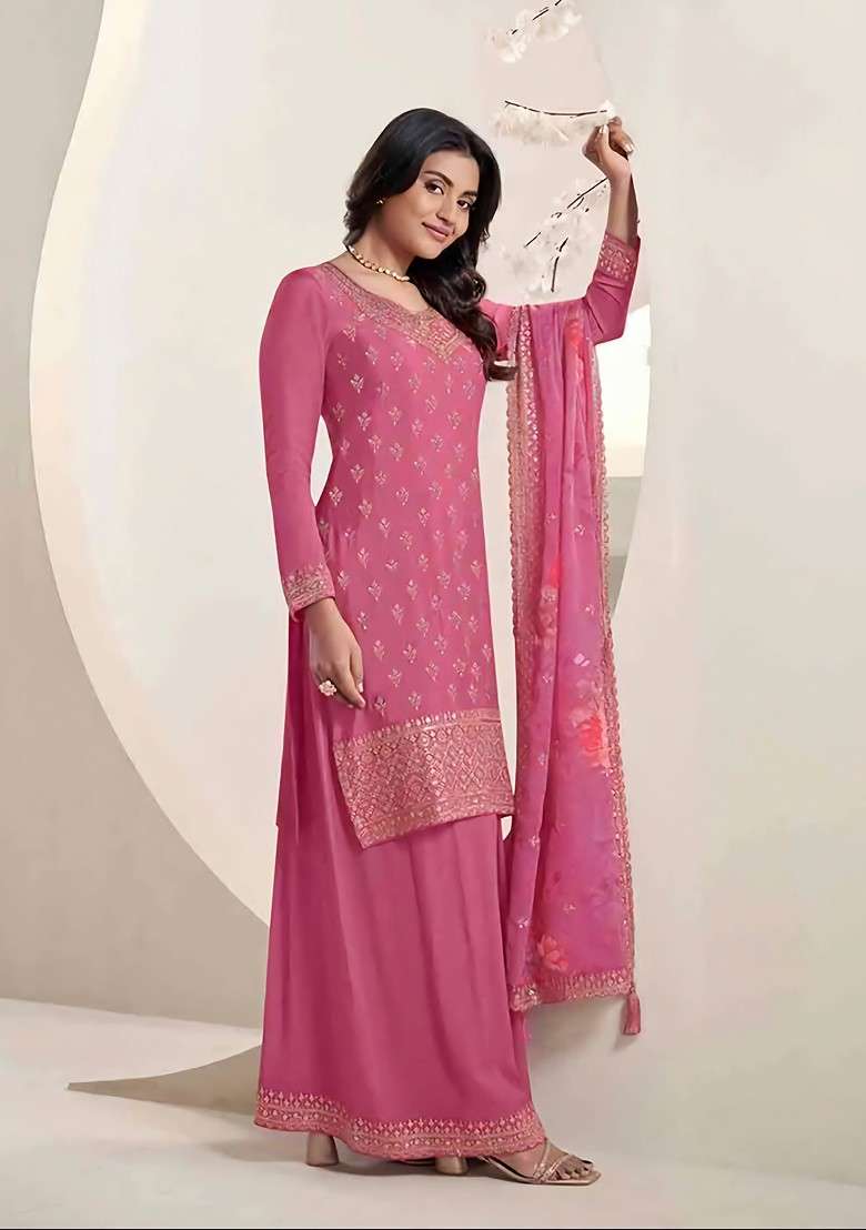 Pink Embroidered Chinon Kurta Set - Indya