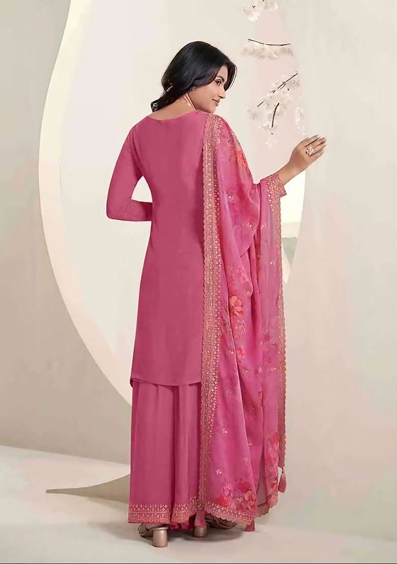 Pink Embroidered Chinon Kurta Set - Indya