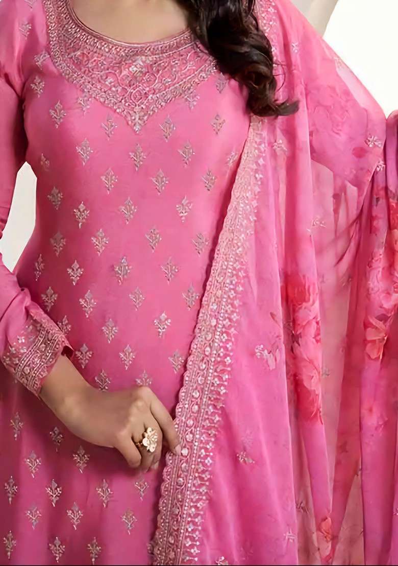Pink Embroidered Chinon Kurta Set - Indya