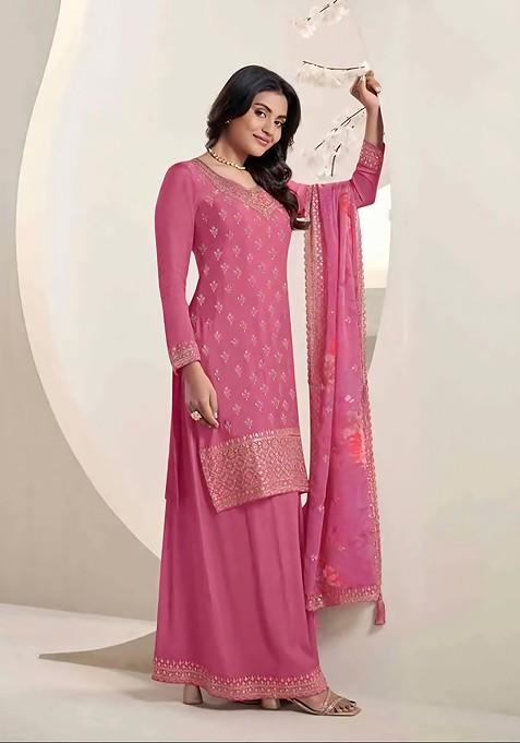 Pink Embroidered Chinon Kurta Set