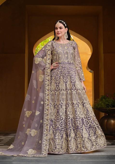 Purple Embroidered Butterfly Net Anarkali Gown Set