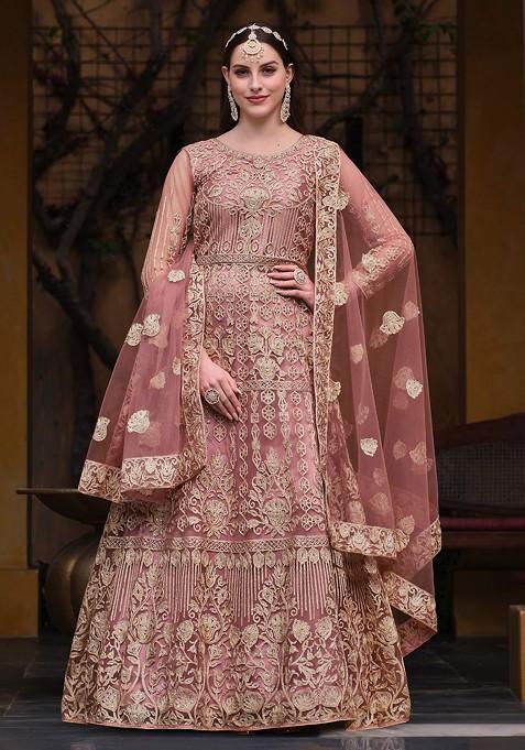 Pink Embroidered Butterfly Net Anarkali Gown Set