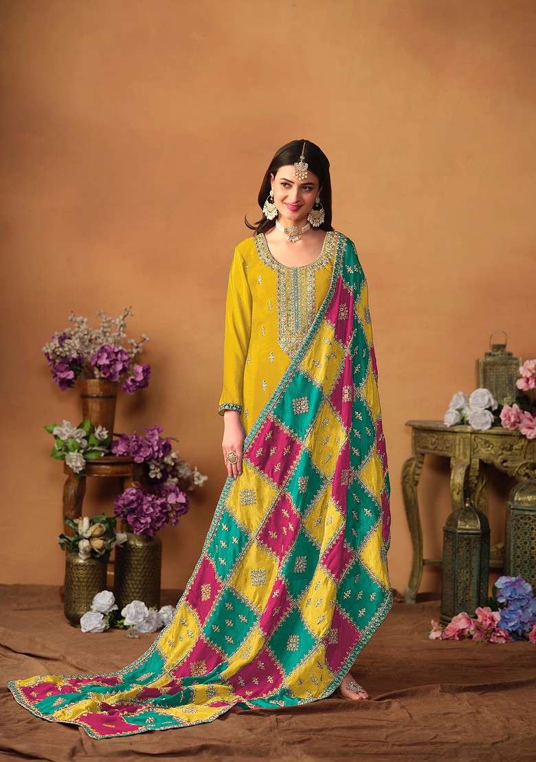 Yellow Embroidered Chinon Silk Kurta Set - Indya