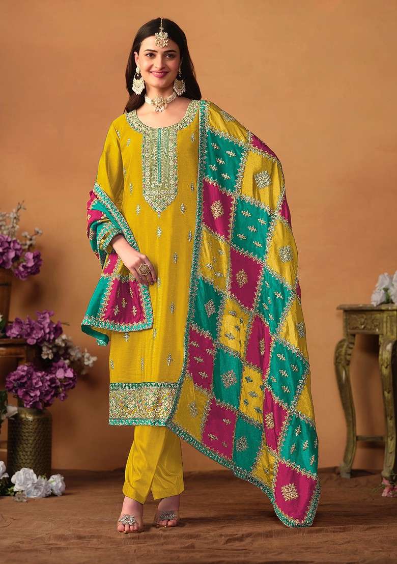 Yellow Embroidered Chinon Silk Kurta Set - Indya