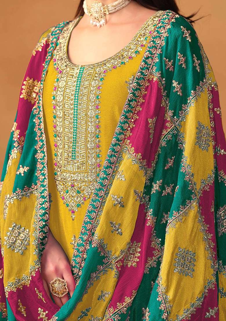 Yellow Embroidered Chinon Silk Kurta Set - Indya