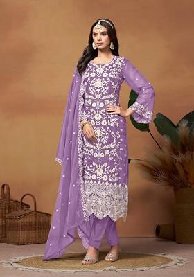 Lavender Embroidered Organza Kurta Set