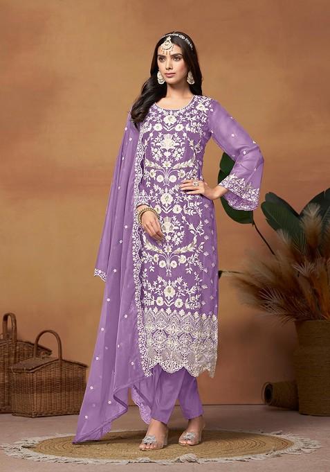 Lavender Embroidered Organza Kurta Set