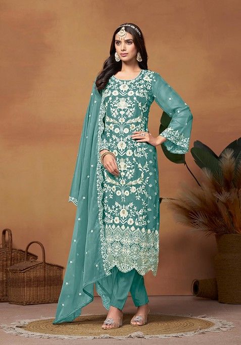 Blue Embroidered Organza Kurta Set