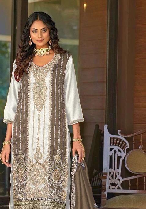 White Embroidered Vichitra Silk Kurta Set