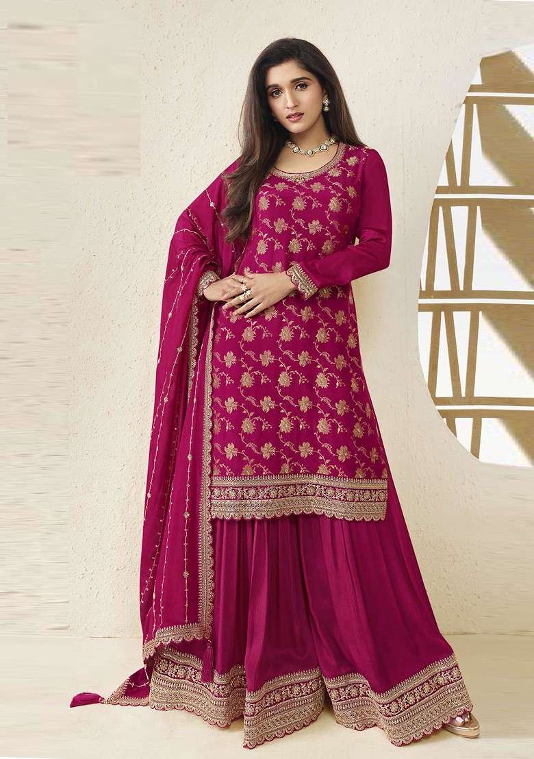 Rani Pink Embroidered Chinon Kurta Set - Indya