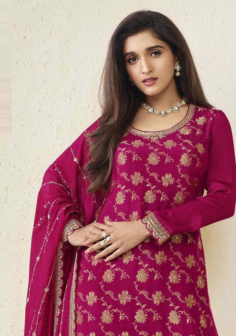Rani Pink Embroidered Chinon Kurta Set - Indya