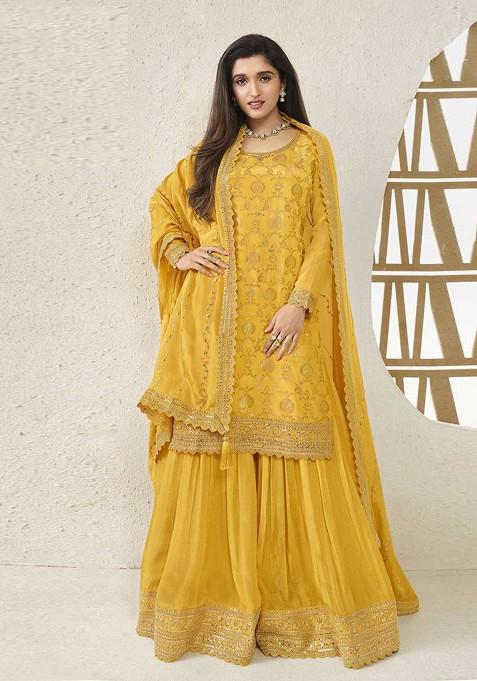 Yellow Embroidered Chinon Kurta Set