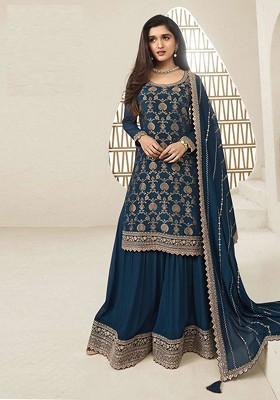 Blue Embroidered Chinon Kurta Set