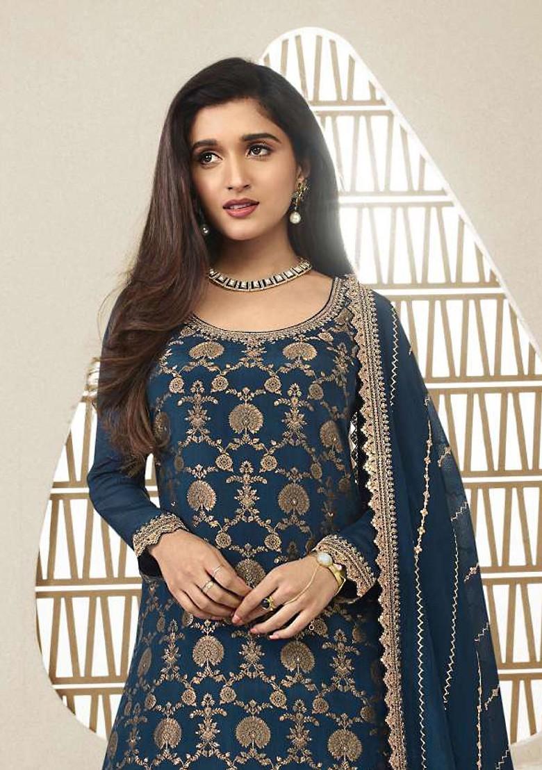 Blue Embroidered Chinon Kurta Set