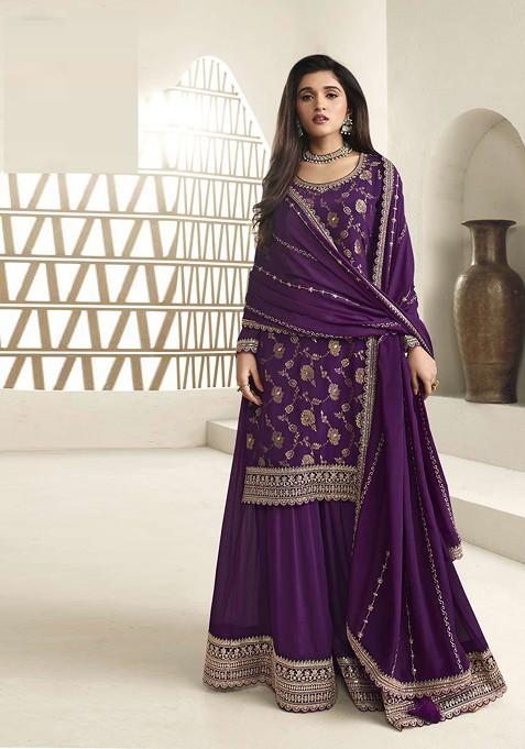 Purple Embroidered Chinon Kurta Set