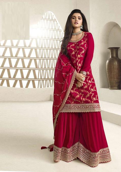 Red Embroidered Chinon Kurta Set