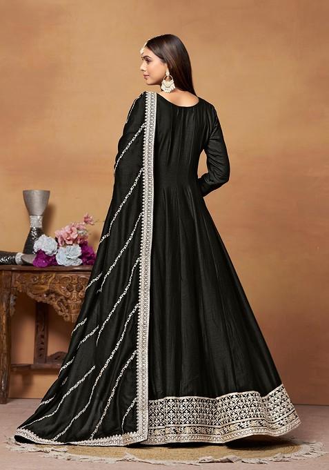 Black Embroidered Art Silk Anarkali Gown Set