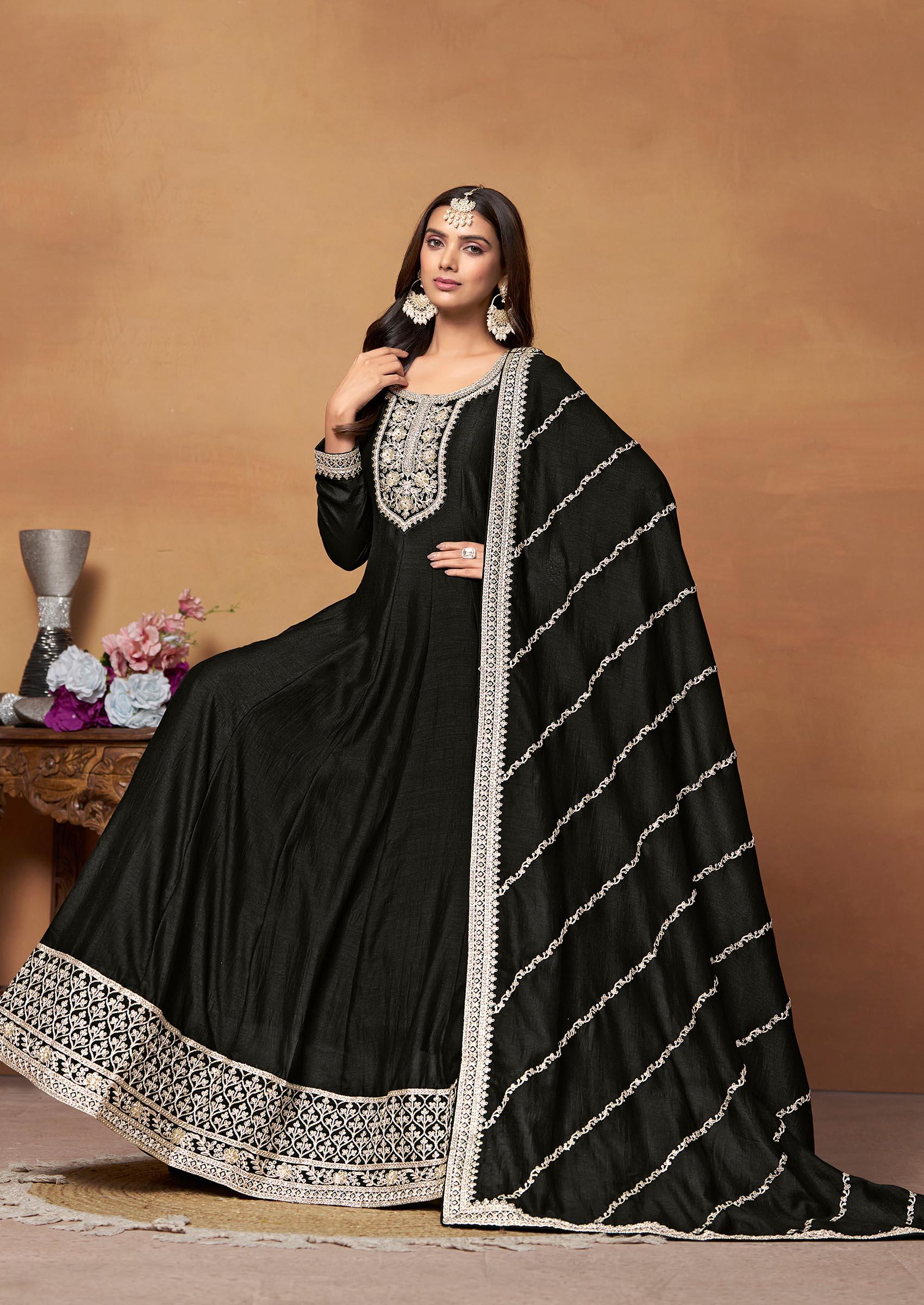 Black Embroidered Art Silk Anarkali Gown Set - Indya