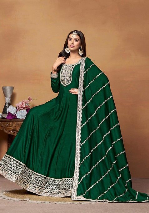 Green Embroidered Art Silk Anarkali Gown Set